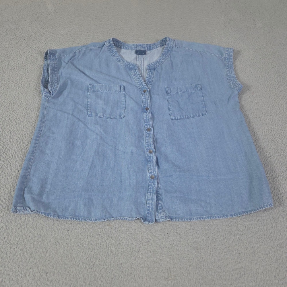 J.Jill Top Womens XL Blue Chambray Button Up Tencel Lyocell Cap Sleeve Pocket